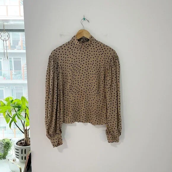 Ganni Brown & Black Polka Dot High Neck Long Sleeve Blouse Size 34 - Picture 1 of 8